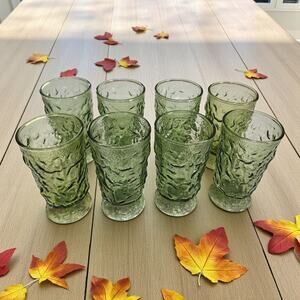 Set of 8 VINTAGE Anchor Hocking Crinkle Glass Lido Milano 4.25" Avocado Green